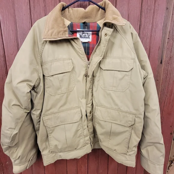 Lg Woolrich Men’s Khaki Insulated Field Barn Jacket Plaid Lined Corduroy Collar - Picture 1 of 9
